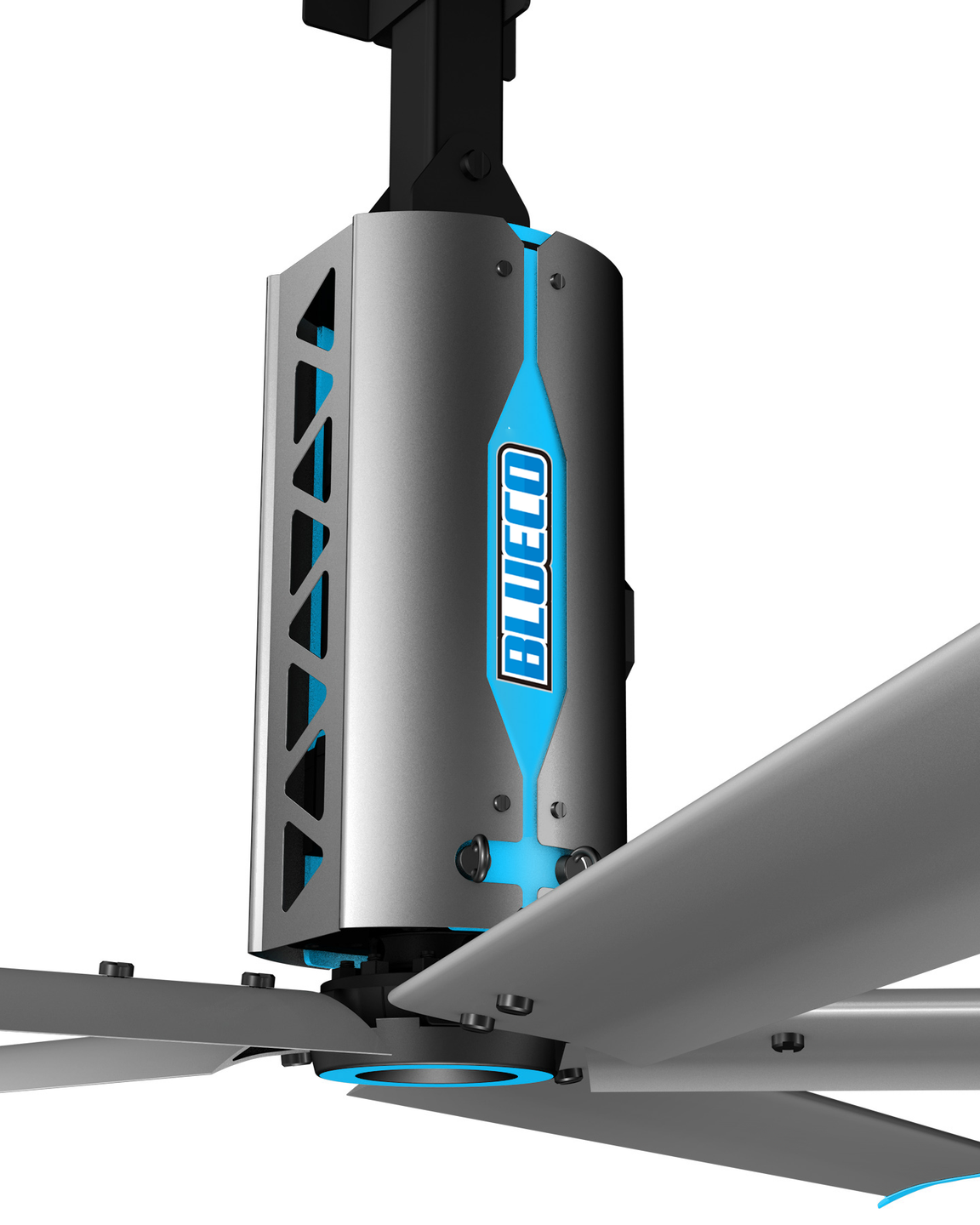 Eurus 13 ft HVLS fan drive housing with its blue BLUECO badge, above the hub and blades