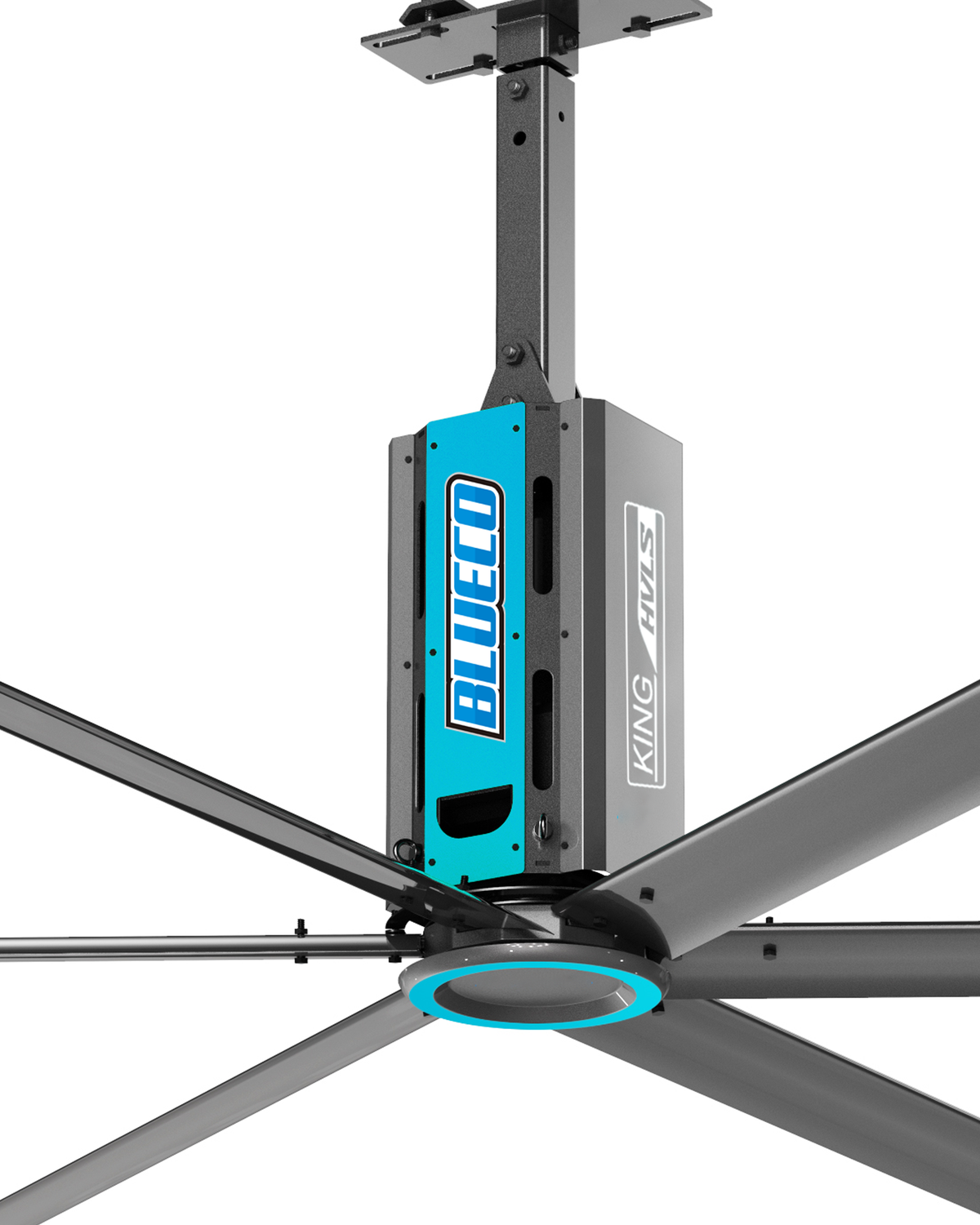 King 18 ft HVLS fan drive housing with its blue BLUECO panel, above the hub and blade roots