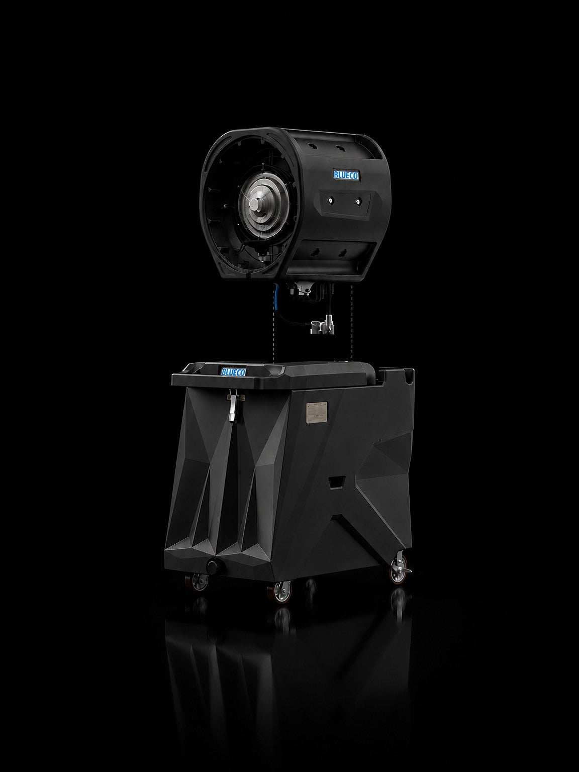 HydroBlu misting fan with its head lifted off above the tank, on black
