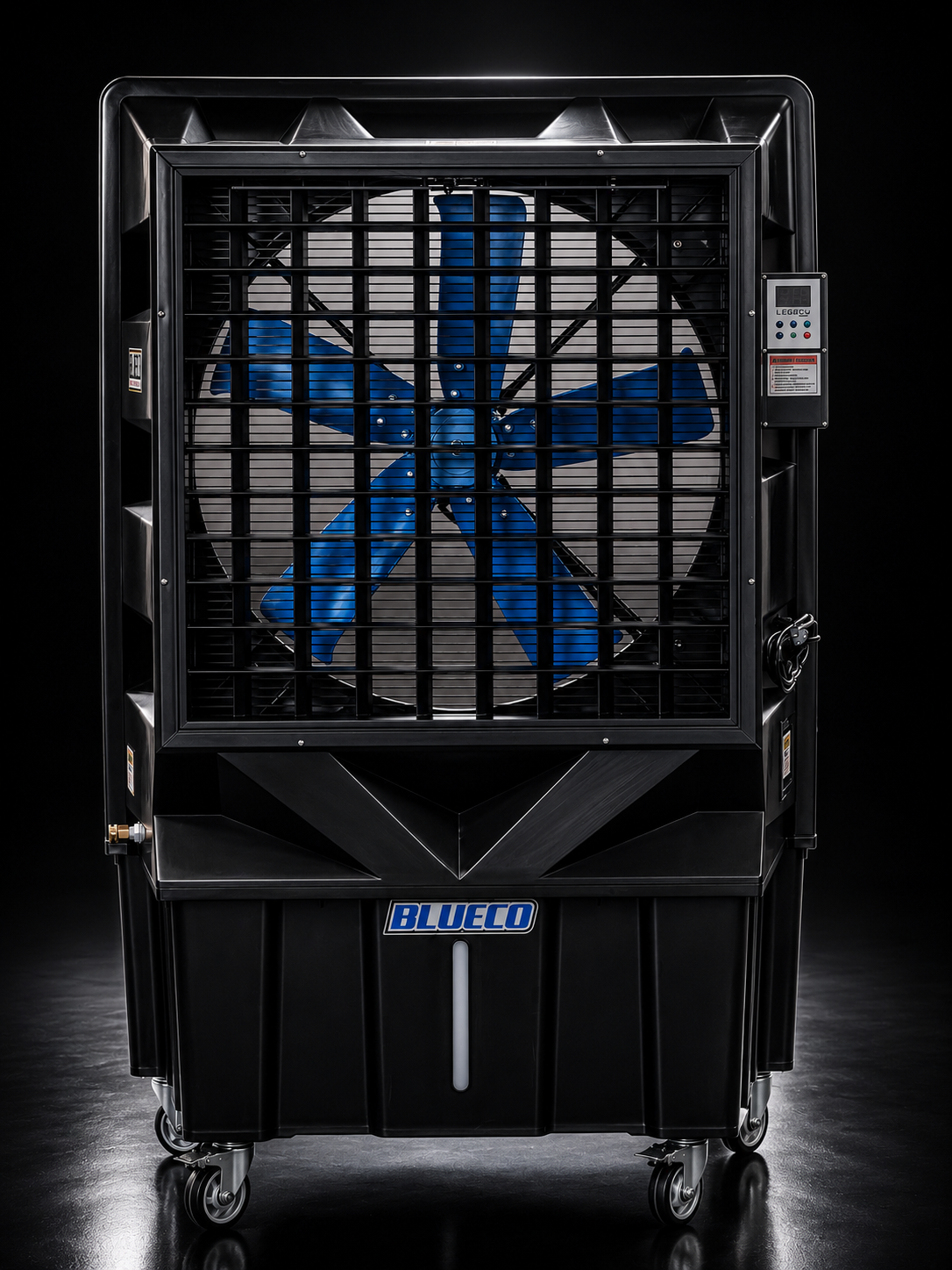 LEGACY-30 evaporative cooler front, its louvers and grille over the blue fan, on black