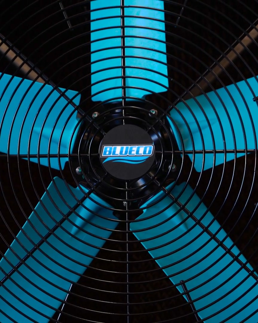 VARIANT-36 fan with the BLUECO hub logo and blue-lit blades behind the guard